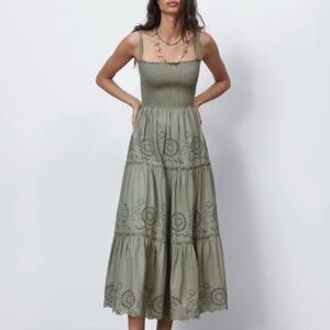 Zara Eyelet Embroidered Smocked Midi Dress
